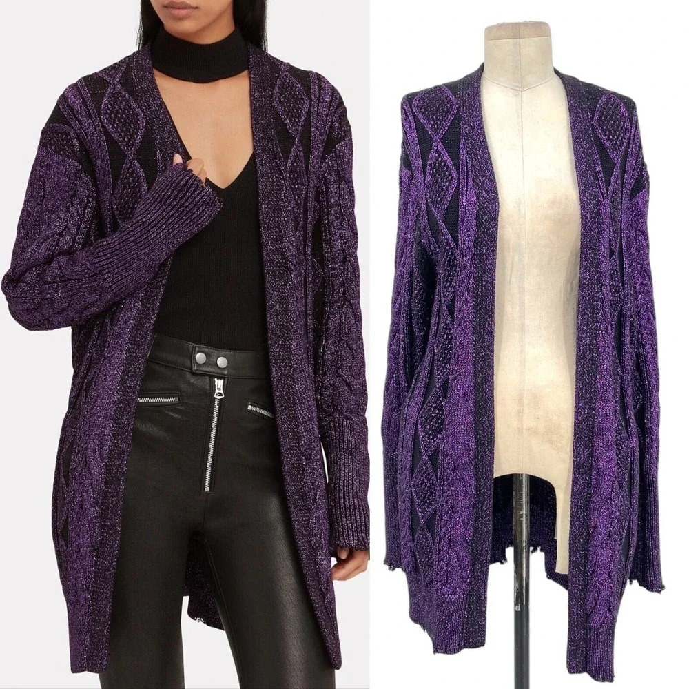 RtA Iris Purple Metallic Cable Knit Open Front‎ Cardigan Sweater Size Small